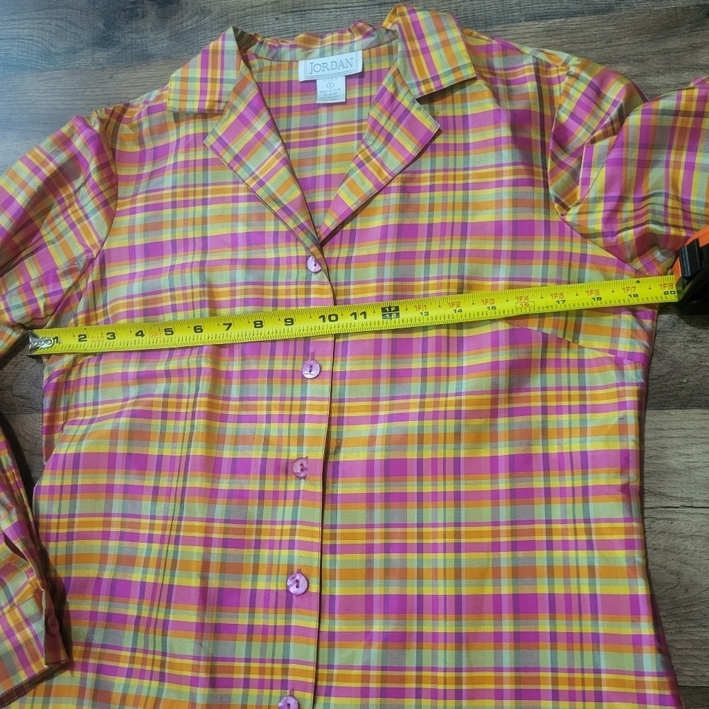 Vintage Women's Jordan 100% Silk Colorful Plaid Long Sleeve Button Down Blouse S - Picture 5 of 6